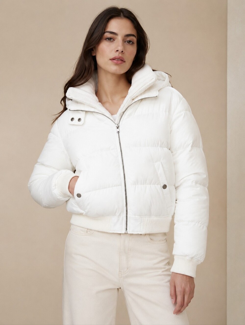 Aeropostale White Puffer Jacket Mock Neck Hood Y2K Clean Girl Winter Ski Resort